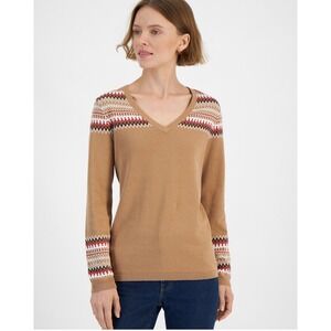 Tommy Hilfiger Women's Tan V Neck Long Sleeve Sweater Geometric Pattern‎ Size L